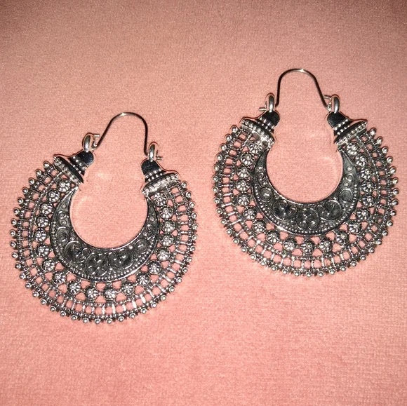 Silver Intricate Filigree Lace Earrings India Huggie Hoops Bohemian Aesthetic - Picture 8 of 9
